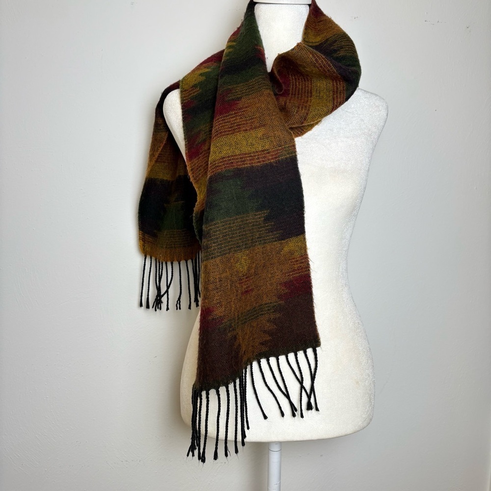 MADE in ITALY Aztec Design Fall Winter Colors Fringe Rectangular Neck Scarf - Picture 6 of 8